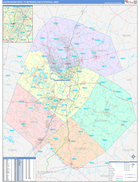 Austin-Round Rock Metro Area Wall Map Color Cast Style